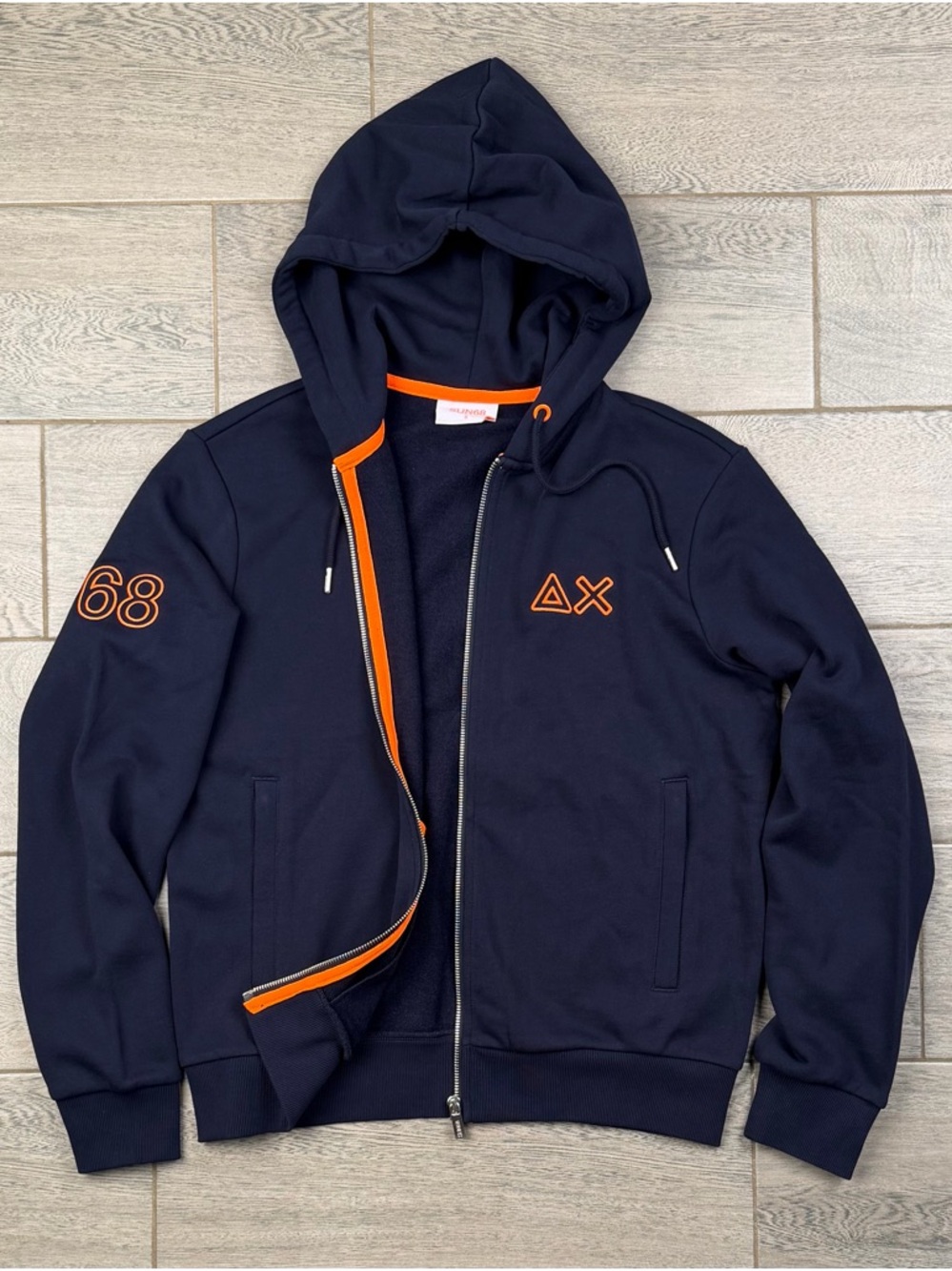 SUN68 Italy Men's Full Zip Hoodie Navy Blue Orange Logo Size S NWOT